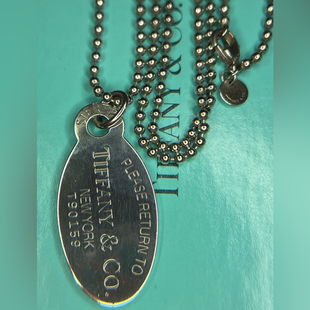 Tiffany & Co. Return to Tiffany Oval Dog Tag Bead Ball Necklace 925 Silver 34"